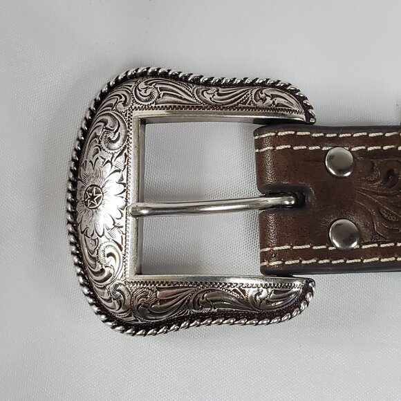 Nocona 32" Men's Western Tapered Floral Tooled Western Belt Silver Buckle - Picture 4 of 9
